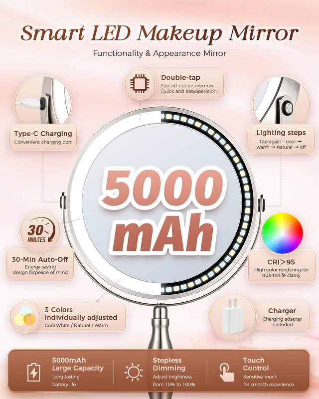 Alt view image 5 of 7 - Makeup Mirror with Lights, 1X/30X Double Side Lighted Magnifying Mirror | 8'', 5000mAh Rechargeable Adjustable Brightness with 3 Colors, Side Touch & Side Charging with Adapter, Brushed Nickel