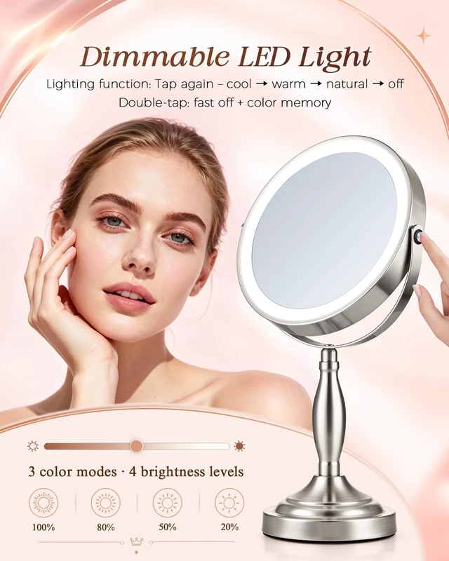 Alt view image 6 of 7 - Makeup Mirror with Lights, 1X/30X Double Side Lighted Magnifying Mirror | 8'', 5000mAh Rechargeable Adjustable Brightness with 3 Colors, Side Touch & Side Charging with Adapter, Brushed Nickel