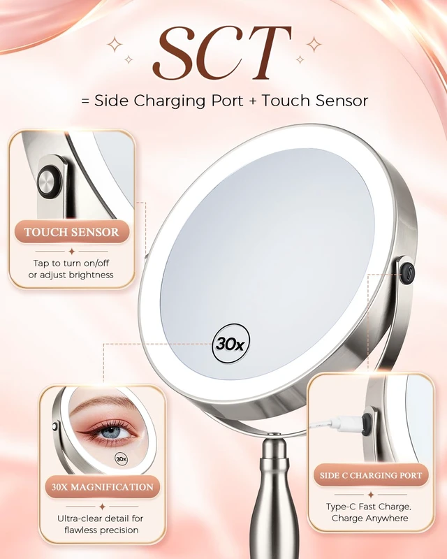 Alt view image 3 of 7 - Makeup Mirror with Lights, 1X/30X Double Side Lighted Magnifying Mirror | 8'', 5000mAh Rechargeable Adjustable Brightness with 3 Colors, Side Touch & Side Charging with Adapter, Brushed Nickel