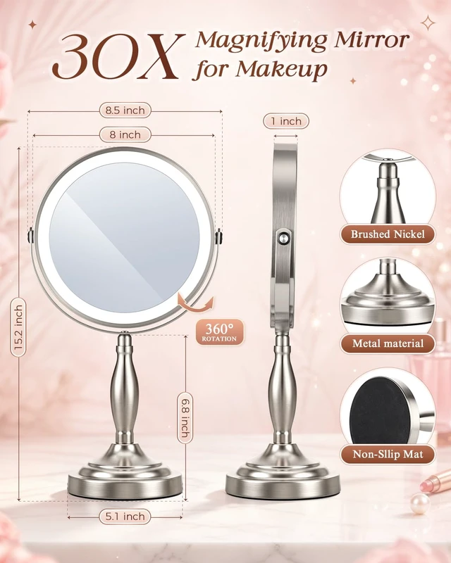 Alt view image 7 of 7 - Makeup Mirror with Lights, 1X/30X Double Side Lighted Magnifying Mirror | 8'', 5000mAh Rechargeable Adjustable Brightness with 3 Colors, Side Touch & Side Charging with Adapter, Brushed Nickel