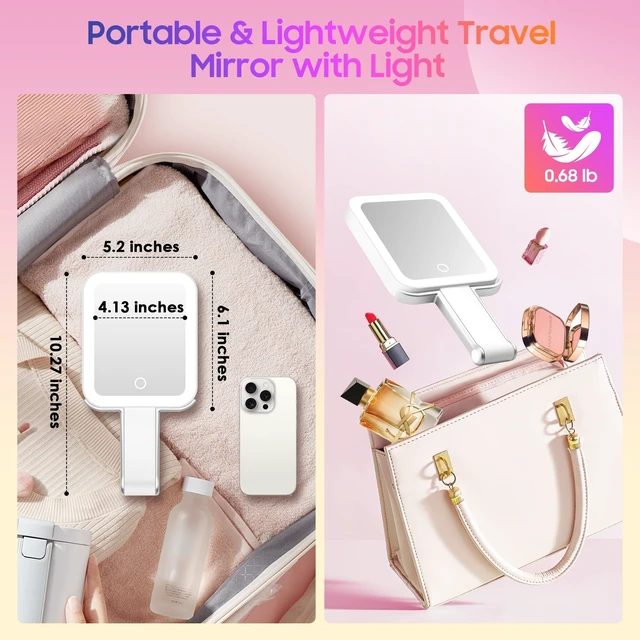Alt view image 6 of 7 - Magnifying Travel Mirror with Light, 30X/1X Double-Sided Magnifying Mirror with 3 Color Lights, Brightness Adjustable, Foldable Handheld Makeup Mirrors Portable for Travel and Desktop, Sliver
