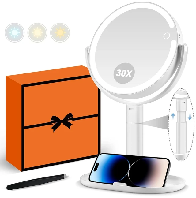 Main image of Makeup Mirror with Lights, 30X Magnifying Mirror with Light and Touch Switch, Rechargeable Vanity Mirror with 3 Color Light and 80 LEDs, Height Adjustable Desk Mirror for Bathroom, Gift Idea