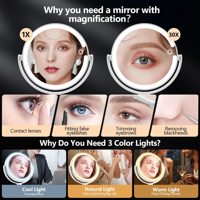 Alt view image 4 of 7 - Makeup Mirror with Lights, 30X Magnifying Mirror with Light and Touch Switch, Rechargeable Vanity Mirror with 3 Color Light and 80 LEDs, Height Adjustable Desk Mirror for Bathroom, Gift Idea