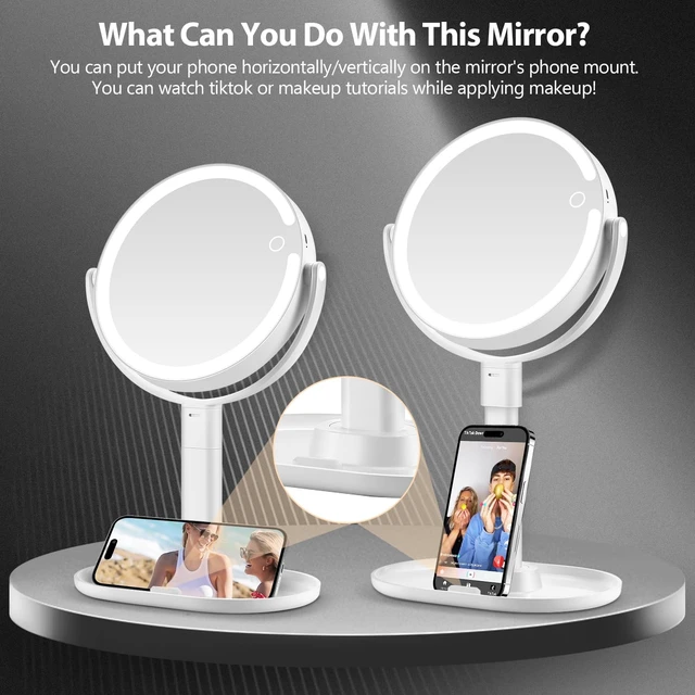 Alt view image 6 of 7 - Makeup Mirror with Lights, 30X Magnifying Mirror with Light and Touch Switch, Rechargeable Vanity Mirror with 3 Color Light and 80 LEDs, Height Adjustable Desk Mirror for Bathroom, Gift Idea