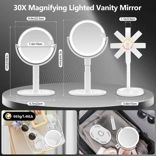 Alt view image 7 of 7 - Makeup Mirror with Lights, 30X Magnifying Mirror with Light and Touch Switch, Rechargeable Vanity Mirror with 3 Color Light and 80 LEDs, Height Adjustable Desk Mirror for Bathroom, Gift Idea