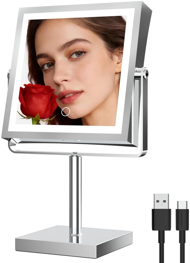Main image of Makeup Mirror with Lights 1X/10X Height Adjustable Chrome | 8",4000mAh Rechargeable,Dual Sided Magnifying Vanity Mirror,3 Color Lights,Adjustable Brightness,Square,Gift for Women