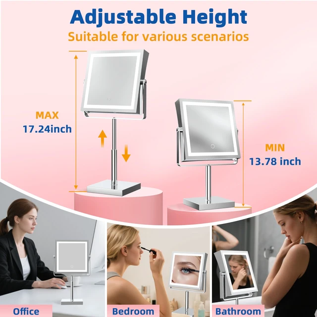 Alt view image 5 of 7 - Makeup Mirror with Lights 1X/10X Height Adjustable Chrome | 8",4000mAh Rechargeable,Dual Sided Magnifying Vanity Mirror,3 Color Lights,Adjustable Brightness,Square,Gift for Women