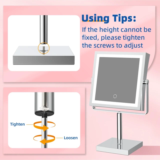 Alt view image 6 of 7 - Makeup Mirror with Lights 1X/10X Height Adjustable Chrome | 8",4000mAh Rechargeable,Dual Sided Magnifying Vanity Mirror,3 Color Lights,Adjustable Brightness,Square,Gift for Women