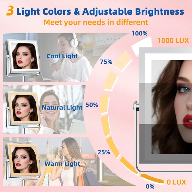 Alt view image 3 of 7 - Makeup Mirror with Lights 1X/10X Height Adjustable Chrome | 8",4000mAh Rechargeable,Dual Sided Magnifying Vanity Mirror,3 Color Lights,Adjustable Brightness,Square,Gift for Women
