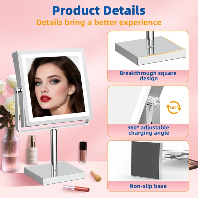Alt view image 4 of 7 - Makeup Mirror with Lights 1X/10X Height Adjustable Chrome | 8",4000mAh Rechargeable,Dual Sided Magnifying Vanity Mirror,3 Color Lights,Adjustable Brightness,Square,Gift for Women