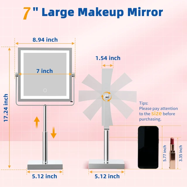 Alt view image 7 of 7 - Makeup Mirror with Lights 1X/10X Height Adjustable Chrome | 8",4000mAh Rechargeable,Dual Sided Magnifying Vanity Mirror,3 Color Lights,Adjustable Brightness,Square,Gift for Women