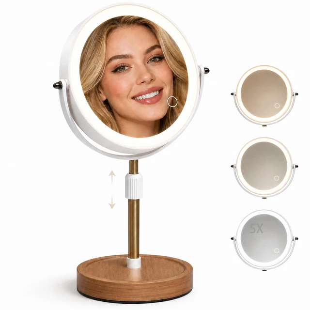 Main image of Makeup Mirror with Lights, 1X/5X Double Sided Magnifying Vanity Mirror, Rechargeable Lighted Desk Mirror with 3 Color Dimmable LEDs, Height Adjustable, 360°Rotation, Touch Control, Gift for Women