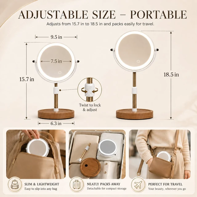 Alt view image 2 of 7 - Makeup Mirror with Lights, 1X/5X Double Sided Magnifying Vanity Mirror, Rechargeable Lighted Desk Mirror with 3 Color Dimmable LEDs, Height Adjustable, 360°Rotation, Touch Control, Gift for Women