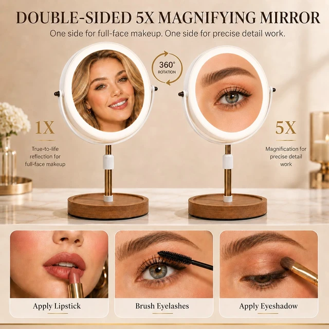 Alt view image 3 of 7 - Makeup Mirror with Lights, 1X/5X Double Sided Magnifying Vanity Mirror, Rechargeable Lighted Desk Mirror with 3 Color Dimmable LEDs, Height Adjustable, 360°Rotation, Touch Control, Gift for Women
