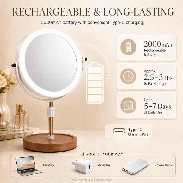 Alt view image 6 of 7 - Makeup Mirror with Lights, 1X/5X Double Sided Magnifying Vanity Mirror, Rechargeable Lighted Desk Mirror with 3 Color Dimmable LEDs, Height Adjustable, 360°Rotation, Touch Control, Gift for Women