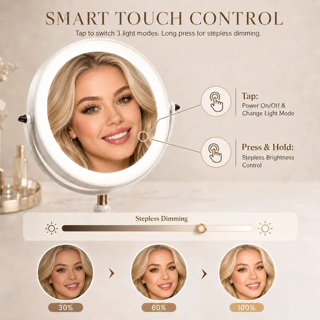 Alt view image 4 of 7 - Makeup Mirror with Lights, 1X/5X Double Sided Magnifying Vanity Mirror, Rechargeable Lighted Desk Mirror with 3 Color Dimmable LEDs, Height Adjustable, 360°Rotation, Touch Control, Gift for Women