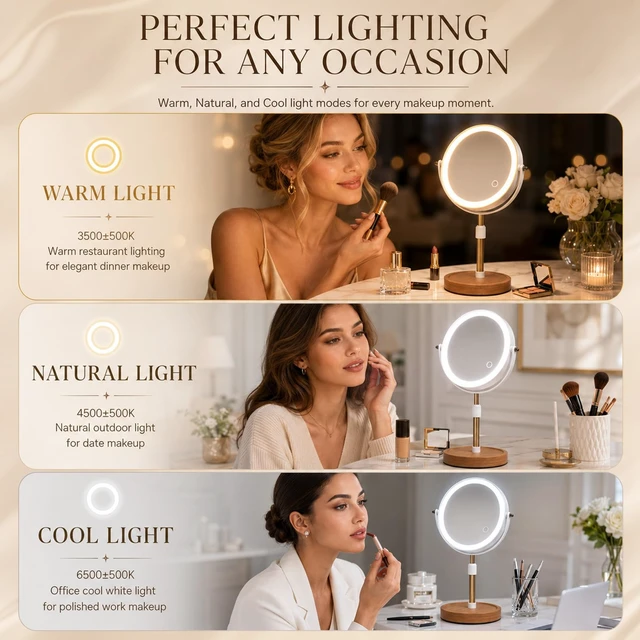Alt view image 5 of 7 - Makeup Mirror with Lights, 1X/5X Double Sided Magnifying Vanity Mirror, Rechargeable Lighted Desk Mirror with 3 Color Dimmable LEDs, Height Adjustable, 360°Rotation, Touch Control, Gift for Women