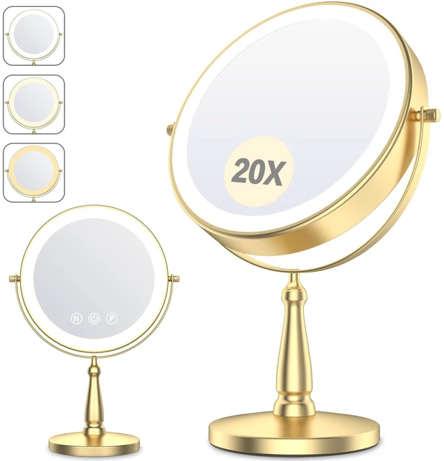 Main image of Vanity Mirror with Lights, 9'' Lighted Makeup Mirror, 1X/20X Double Sided Magnifying Mirror, 5000mAh Rechargeable, 3 Color Dimmable LED, 360° Rotation Desk Mirror for Makeup & Skincare, Gold