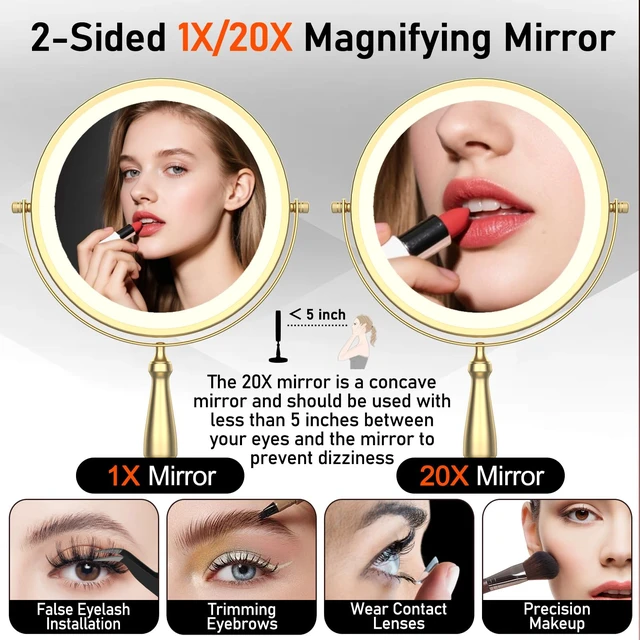 Alt view image 3 of 7 - Vanity Mirror with Lights, 9'' Lighted Makeup Mirror, 1X/20X Double Sided Magnifying Mirror, 5000mAh Rechargeable, 3 Color Dimmable LED, 360° Rotation Desk Mirror for Makeup & Skincare, Gold
