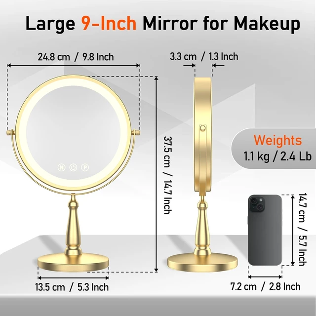 Alt view image 4 of 7 - Vanity Mirror with Lights, 9'' Lighted Makeup Mirror, 1X/20X Double Sided Magnifying Mirror, 5000mAh Rechargeable, 3 Color Dimmable LED, 360° Rotation Desk Mirror for Makeup & Skincare, Gold