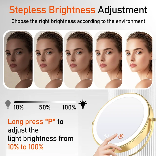Alt view image 7 of 7 - Vanity Mirror with Lights, 9'' Lighted Makeup Mirror, 1X/20X Double Sided Magnifying Mirror, 5000mAh Rechargeable, 3 Color Dimmable LED, 360° Rotation Desk Mirror for Makeup & Skincare, Gold
