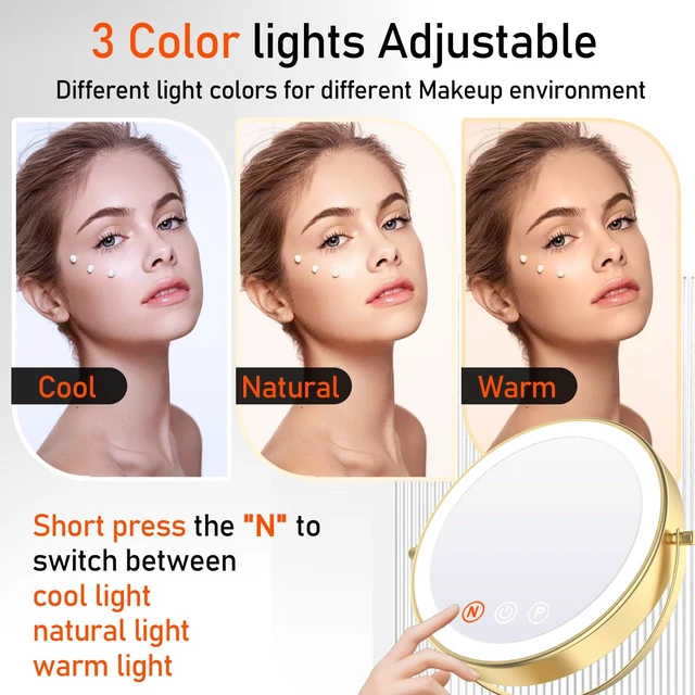 Alt view image 6 of 7 - Vanity Mirror with Lights, 9'' Lighted Makeup Mirror, 1X/20X Double Sided Magnifying Mirror, 5000mAh Rechargeable, 3 Color Dimmable LED, 360° Rotation Desk Mirror for Makeup & Skincare, Gold