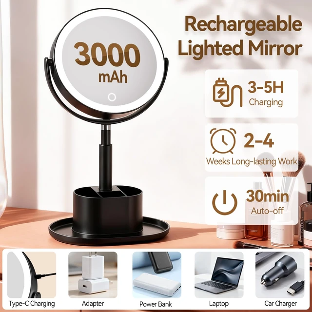Alt view image 5 of 7 - 20X Magnifying Mirror with Lights and Storage, Double Sided Vanity Mirror | Rechargeable Makeup Mirror, 3 Color Lighting, Fast Charge and Long-lasting Work, Height Adjustable, Memory Function, Black
