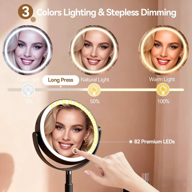 Alt view image 4 of 7 - 20X Magnifying Mirror with Lights and Storage, Double Sided Vanity Mirror | Rechargeable Makeup Mirror, 3 Color Lighting, Fast Charge and Long-lasting Work, Height Adjustable, Memory Function, Black