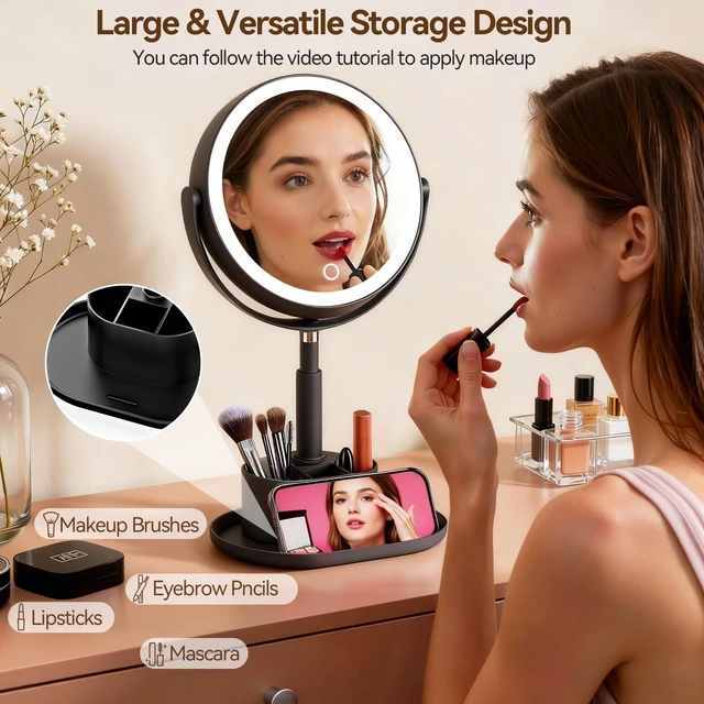 Alt view image 6 of 7 - 20X Magnifying Mirror with Lights and Storage, Double Sided Vanity Mirror | Rechargeable Makeup Mirror, 3 Color Lighting, Fast Charge and Long-lasting Work, Height Adjustable, Memory Function, Black