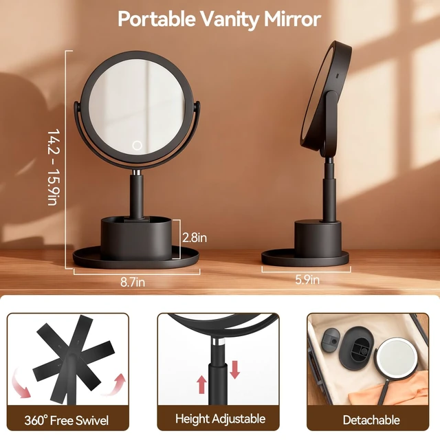 Alt view image 7 of 7 - 20X Magnifying Mirror with Lights and Storage, Double Sided Vanity Mirror | Rechargeable Makeup Mirror, 3 Color Lighting, Fast Charge and Long-lasting Work, Height Adjustable, Memory Function, Black