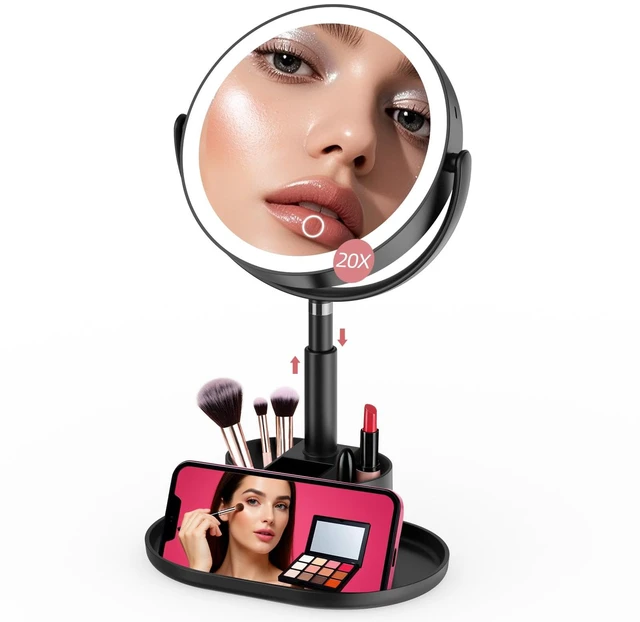 Main image of 20X Magnifying Mirror with Lights and Storage, Double Sided Vanity Mirror | Rechargeable Makeup Mirror, 3 Color Lighting, Fast Charge and Long-lasting Work, Height Adjustable, Memory Function, Black