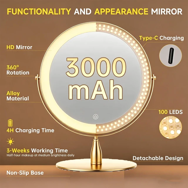 Alt view image 3 of 7 - 9" Magnifying Vanity Mirror with Light, 10X/1X Makeup Mirror | tabletop vanity mirror with 3 color lighting, 360° rotation,Adjustable Brightness, 3000mAh, Double-Sided 10X/1X magnifiers