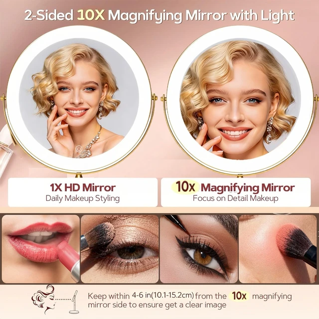 Alt view image 4 of 7 - 9" Magnifying Vanity Mirror with Light, 10X/1X Makeup Mirror | tabletop vanity mirror with 3 color lighting, 360° rotation,Adjustable Brightness, 3000mAh, Double-Sided 10X/1X magnifiers