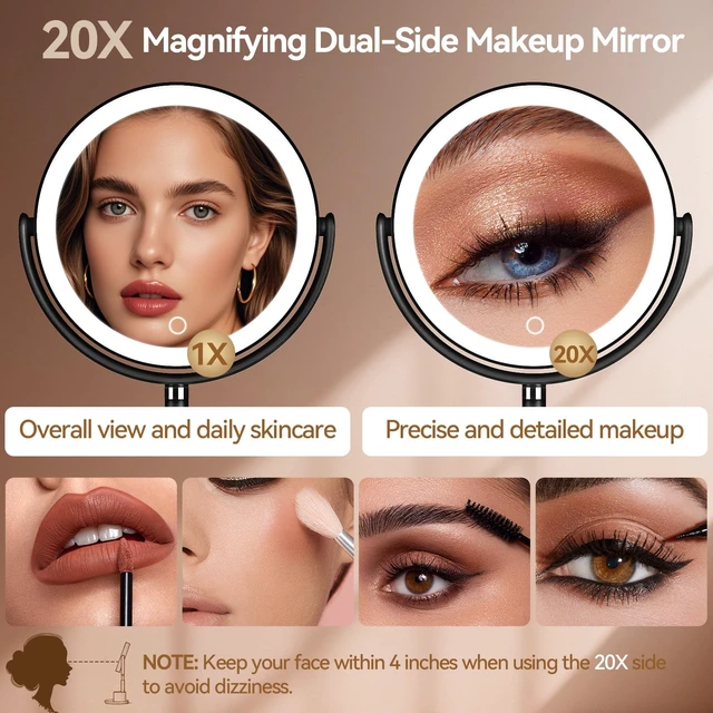 Alt view image 3 of 7 - 20X Magnifying Mirror with Lights and Storage, Double Sided Vanity Mirror | Rechargeable Makeup Mirror, 3 Color Lighting, Fast Charge and Long-lasting Work, Height Adjustable, Memory Function, Black