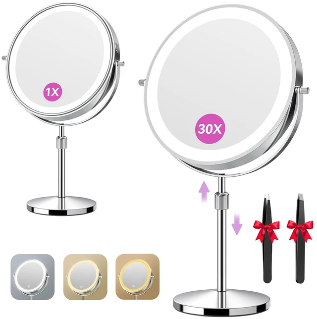 Main image of 9" 5000mAh Magnifying Mirror, 1X/30X Lighted Makeup Mirror, Chrome | Rechargeable Battery, 3 Dimmable Colors, 14.918.5" Adjustable Height, 360° Rotation, Stable Base, 30X Magnification