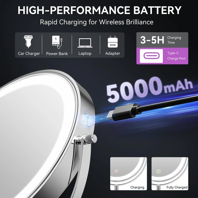 Alt view image 2 of 7 - 9" 5000mAh Magnifying Mirror, 1X/30X Lighted Makeup Mirror, Chrome | Rechargeable Battery, 3 Dimmable Colors, 14.918.5" Adjustable Height, 360° Rotation, Stable Base, 30X Magnification