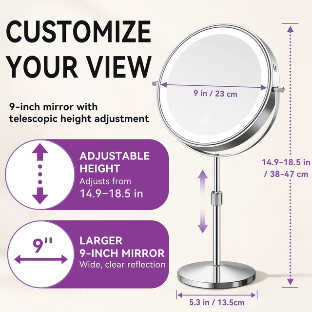 Alt view image 4 of 7 - 9" 5000mAh Magnifying Mirror, 1X/30X Lighted Makeup Mirror, Chrome | Rechargeable Battery, 3 Dimmable Colors, 14.918.5" Adjustable Height, 360° Rotation, Stable Base, 30X Magnification