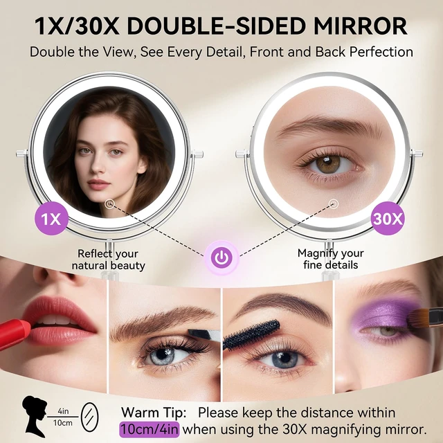 Alt view image 5 of 7 - 9" 5000mAh Magnifying Mirror, 1X/30X Lighted Makeup Mirror, Chrome | Rechargeable Battery, 3 Dimmable Colors, 14.918.5" Adjustable Height, 360° Rotation, Stable Base, 30X Magnification