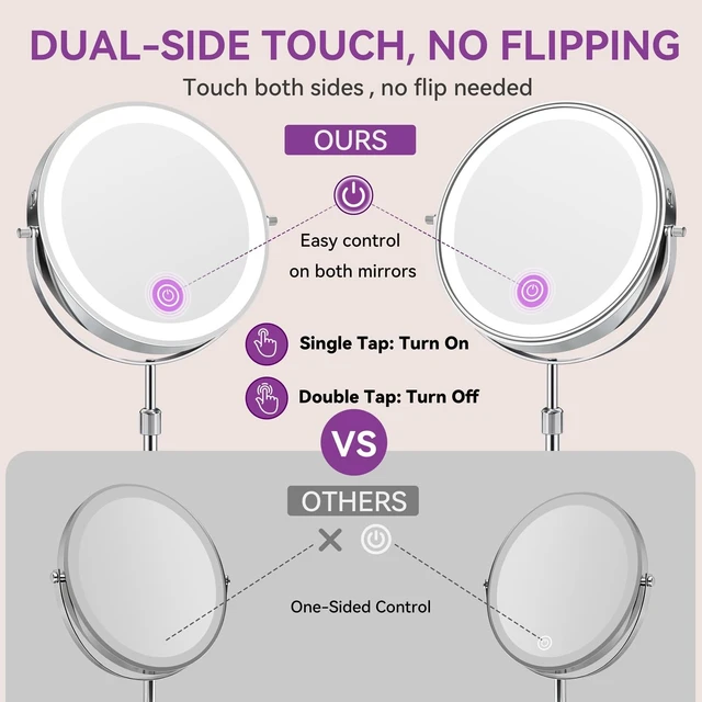 Alt view image 6 of 7 - 9" 5000mAh Magnifying Mirror, 1X/30X Lighted Makeup Mirror, Chrome | Rechargeable Battery, 3 Dimmable Colors, 14.918.5" Adjustable Height, 360° Rotation, Stable Base, 30X Magnification