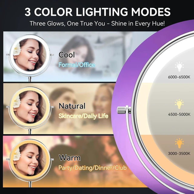Alt view image 7 of 7 - 9" 5000mAh Magnifying Mirror, 1X/30X Lighted Makeup Mirror, Chrome | Rechargeable Battery, 3 Dimmable Colors, 14.918.5" Adjustable Height, 360° Rotation, Stable Base, 30X Magnification