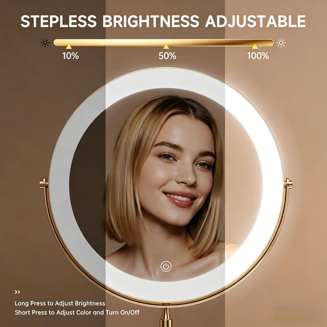 Alt view image 6 of 7 - 9" Magnifying Vanity Mirror with Light, 10X/1X Makeup Mirror | tabletop vanity mirror with 3 color lighting, 360° rotation,Adjustable Brightness, 3000mAh, Double-Sided 10X/1X magnifiers