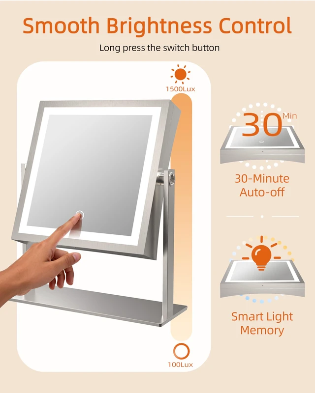 Alt view image 5 of 7 - Makeup Mirror with Lights, Dual Sided 1X/10X, Brushed Nickel | 8",4000mAh Rechargeable, Magnifying Mirror with 3 Color Lights,Touch Control Dimmable, 360° Rotation, Square, Gift for Women