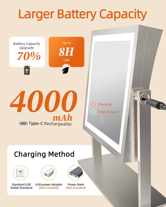 Alt view image 6 of 7 - Makeup Mirror with Lights, Dual Sided 1X/10X, Brushed Nickel | 8",4000mAh Rechargeable, Magnifying Mirror with 3 Color Lights,Touch Control Dimmable, 360° Rotation, Square, Gift for Women