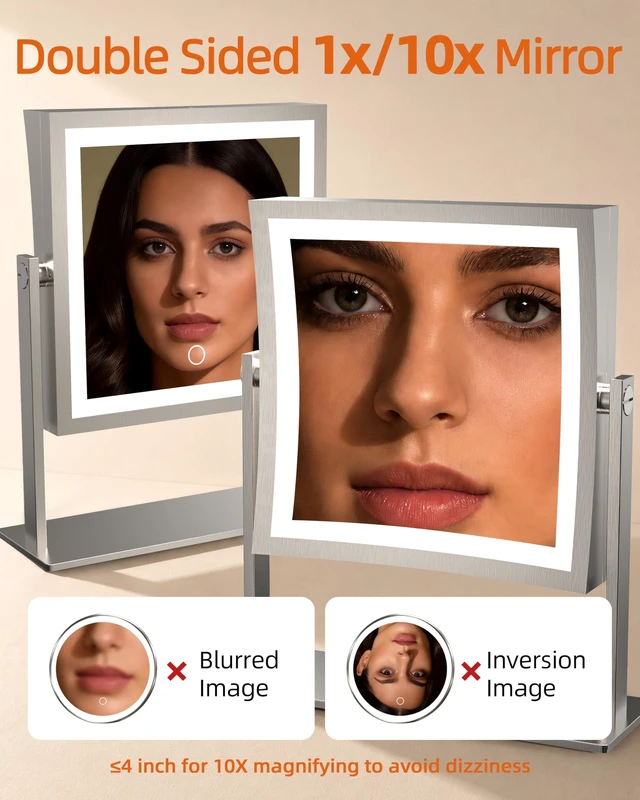 Alt view image 7 of 7 - Makeup Mirror with Lights, Dual Sided 1X/10X, Brushed Nickel | 8",4000mAh Rechargeable, Magnifying Mirror with 3 Color Lights,Touch Control Dimmable, 360° Rotation, Square, Gift for Women