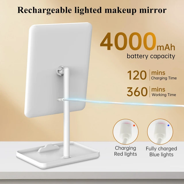 Alt view image 2 of 7 - 4000mAh Rechargeable Vanity Mirror with Lights 40X Magnifier,White | 3-Color Lighting Makeup Mirror with Lights & 84 LED,360°Rotation Touch Dimmable Lighted Makeup Mirror for Bedroom Tabletop