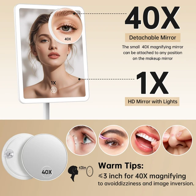 Alt view image 3 of 7 - 4000mAh Rechargeable Vanity Mirror with Lights 40X Magnifier,White | 3-Color Lighting Makeup Mirror with Lights & 84 LED,360°Rotation Touch Dimmable Lighted Makeup Mirror for Bedroom Tabletop