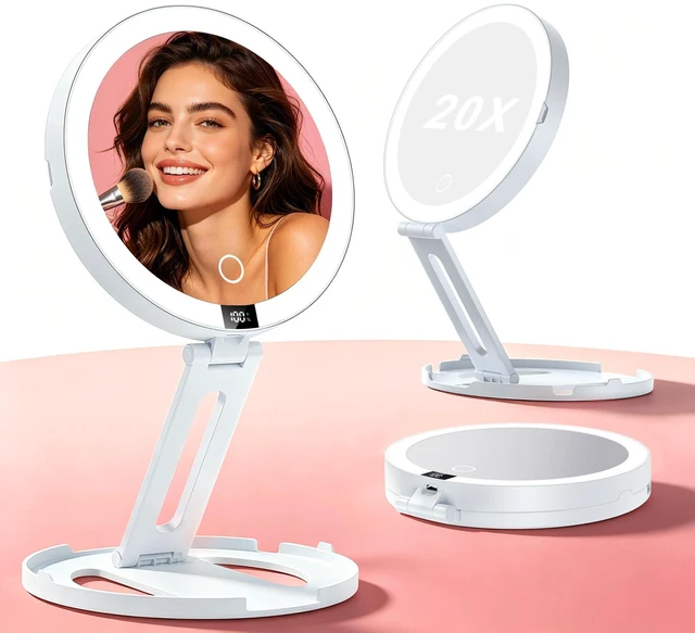 Main image of 20X Lighted Travel Makeup Mirror-3 Light Modes Magnifying Mirror (White) | Rechargeable Double Sided LED Vanity Mirror, Foldable Magnifying Mirror with Light,Compact Mirror for Cruise, Hotel, Dorm