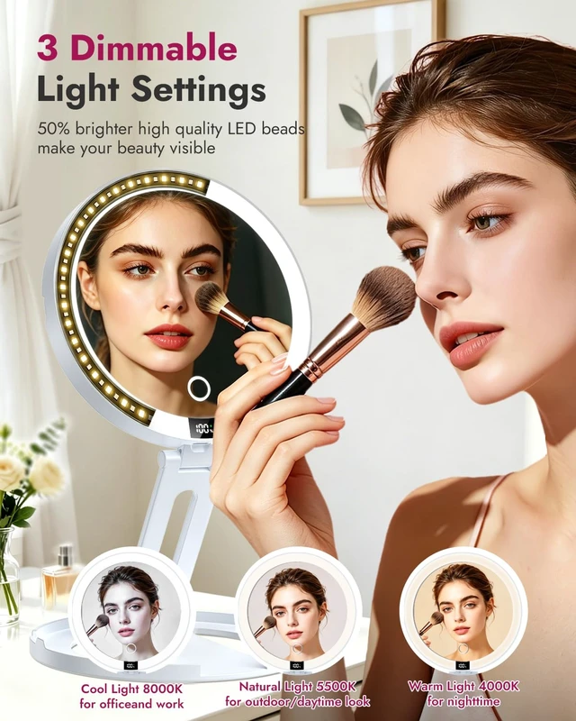 Alt view image 2 of 7 - 20X Lighted Travel Makeup Mirror-3 Light Modes Magnifying Mirror (White) | Rechargeable Double Sided LED Vanity Mirror, Foldable Magnifying Mirror with Light,Compact Mirror for Cruise, Hotel, Dorm
