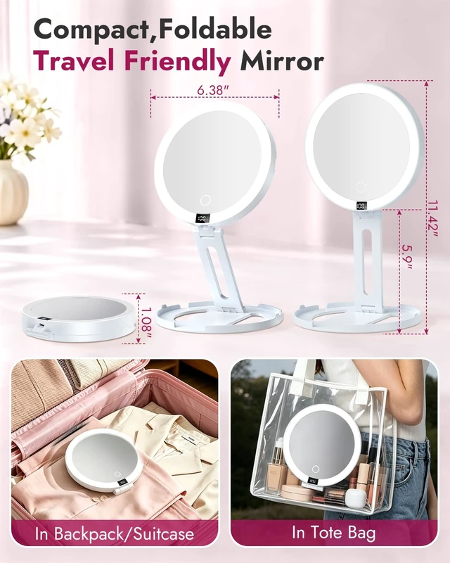 Alt view image 4 of 7 - 20X Lighted Travel Makeup Mirror-3 Light Modes Magnifying Mirror (White) | Rechargeable Double Sided LED Vanity Mirror, Foldable Magnifying Mirror with Light,Compact Mirror for Cruise, Hotel, Dorm