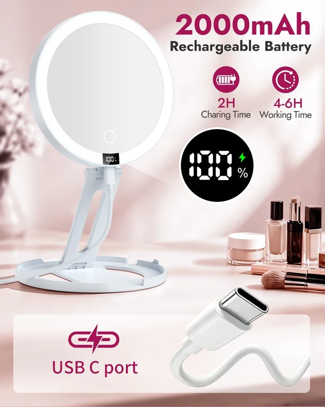 Alt view image 6 of 7 - 20X Lighted Travel Makeup Mirror-3 Light Modes Magnifying Mirror (White) | Rechargeable Double Sided LED Vanity Mirror, Foldable Magnifying Mirror with Light,Compact Mirror for Cruise, Hotel, Dorm